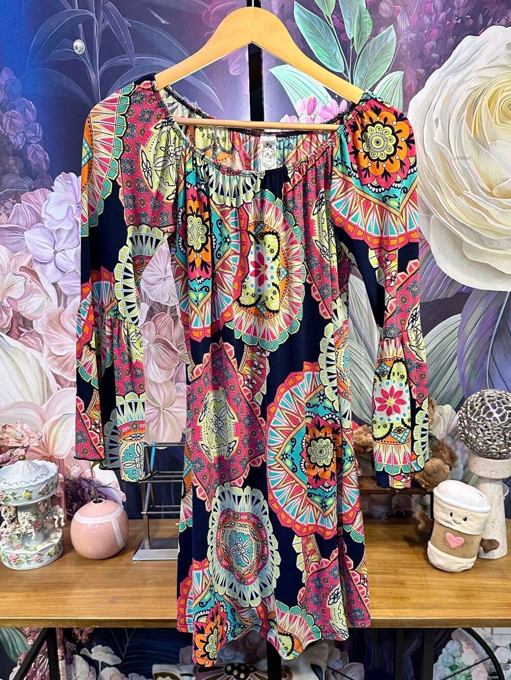 2B Bebe S Dress Colorful Boho Medallion Print Bell Sleeve Peasant Tunic